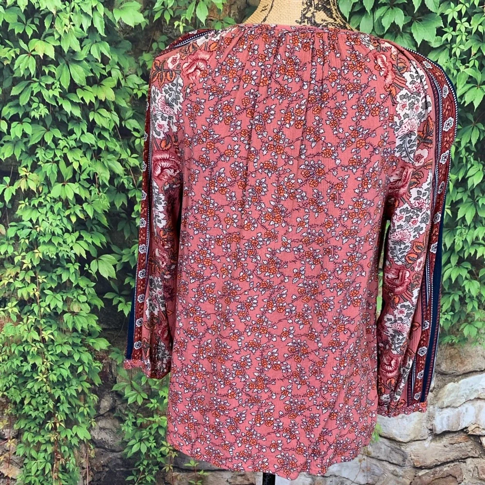 LUCKY BRAND Rust Boho Long Sleeve Contrast Stripe Floral Tassel-Tie Blouse, S - Picture 6 of 11